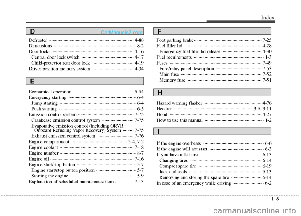 Hyundai Genesis 2013 Owners Manual I3
Index
Defroster ················\
··················\
··················\
··················\
4-88
Dimensions ········ Hyundai Genesis 2013 Owners Manual I3
Index
Defroster ················\
··················\
··················\
··················\
4-88
Dimensions ········