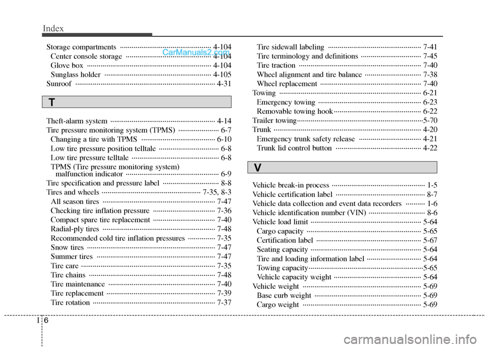 Hyundai Genesis 2013 Owners Manual Index
6I
Storage compartments ··················\
··················\
··········· 4-104Center console storage ··················\
· Hyundai Genesis 2013 Owners Manual Index
6I
Storage compartments ··················\
··················\
··········· 4-104Center console storage ··················\
·Â