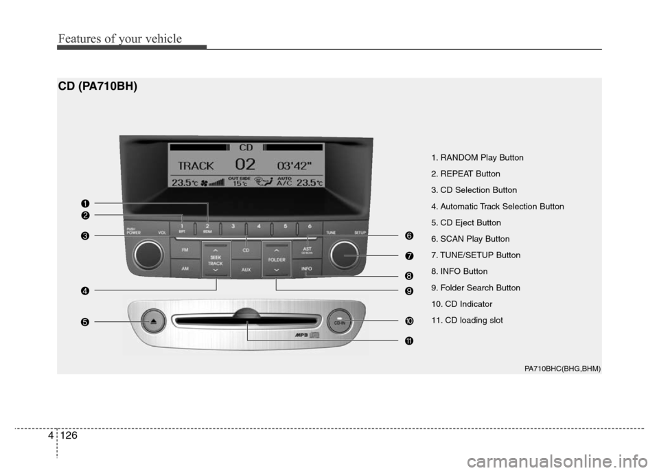 Hyundai Genesis 2012 Owners Manual Features of your vehicle
126 4
1. RANDOM Play Button
2. REPEAT Button
3. CD Selection Button
4. Automatic Track Selection Button
5. CD Eject Button
6. SCAN Play Button
7. TUNE/SETUP Button
8. INFO But Hyundai Genesis 2012 Owners Manual Features of your vehicle
126 4
1. RANDOM Play Button
2. REPEAT Button
3. CD Selection Button
4. Automatic Track Selection Button
5. CD Eject Button
6. SCAN Play Button
7. TUNE/SETUP Button
8. INFO But