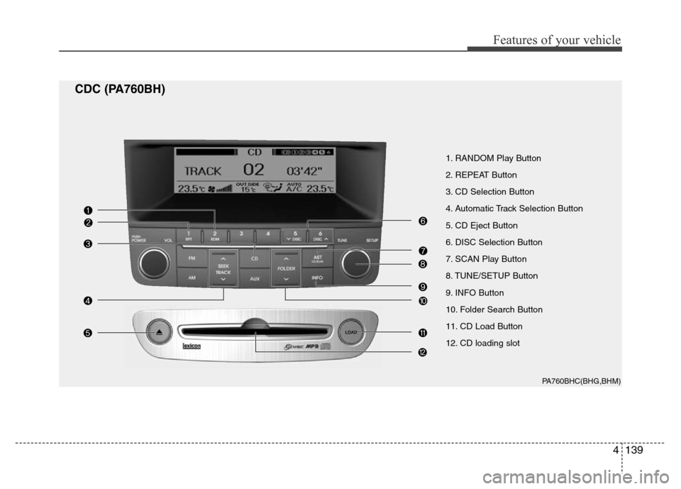 Hyundai Genesis 2012 Owners Manual 4139
Features of your vehicle
1. RANDOM Play Button
2. REPEAT Button
3. CD Selection Button
4. Automatic Track Selection Button
5. CD Eject Button
6. DISC Selection Button
7. SCAN Play Button
8. TUNE/ Hyundai Genesis 2012 Owners Manual 4139
Features of your vehicle
1. RANDOM Play Button
2. REPEAT Button
3. CD Selection Button
4. Automatic Track Selection Button
5. CD Eject Button
6. DISC Selection Button
7. SCAN Play Button
8. TUNE/