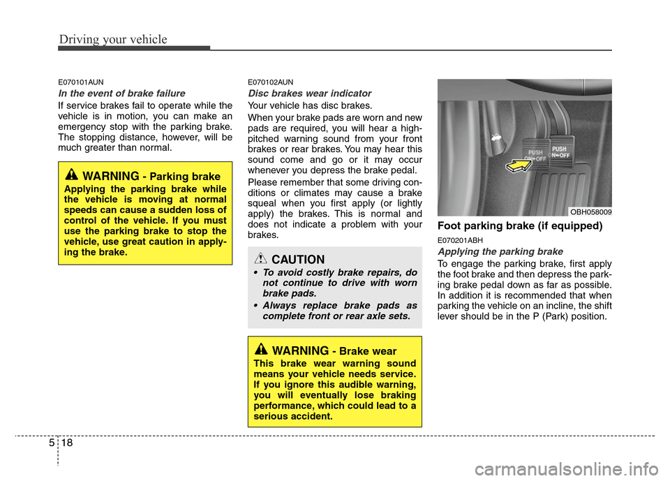 Hyundai Genesis 2012  Owners Manual Driving your vehicle
18 5
E070101AUN
In the event of brake failure 
If service brakes fail to operate while the
vehicle is in motion, you can make an
emergency stop with the parking brake.
The stoppin