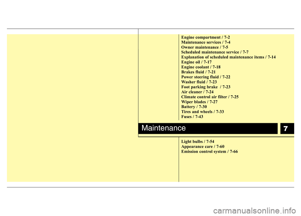 Hyundai Genesis 2012  Owners Manual 7
Engine compartment / 7-2
Maintenance services / 7-4
Owner maintenance / 7-5
Scheduled maintenance service / 7-7
Explanation of scheduled maintenance items / 7-14
Engine oil / 7-17
Engine coolant / 7