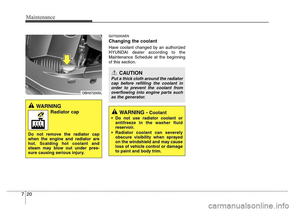 Hyundai Genesis 2012  Owners Manual Maintenance
20 7
G070200AEN
Changing the coolant
Have coolant changed by an authorized
HYUNDAI dealer according to the
Maintenance Schedule at the beginning
of this section.
WARNING 
Radiator cap
Do n