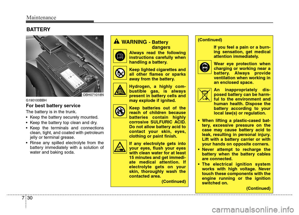 Hyundai Genesis 2012 Owners Guide Maintenance
30 7
G190100BBH
For best battery service
The battery is in the trunk.
• Keep the battery securely mounted.
• Keep the battery top clean and dry.
• Keep the terminals and connections
