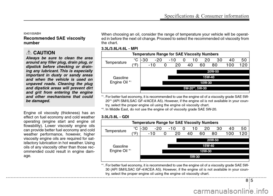 Hyundai Genesis 2012  Owners Manual 85
Specifications & Consumer information
I040100ABH
Recommended SAE viscosity
number   
Engine oil viscosity (thickness) has an
effect on fuel economy and cold weather
operating (engine start and engi