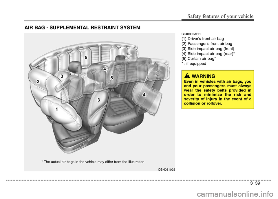 Hyundai Genesis 2012 Workshop Manual 339
Safety features of your vehicle
C040000ABH
(1) Driver’s front air bag
(2) Passenger’s front air bag
(3) Side impact air bag (front)
(4) Side impact air bag (rear)*
(5) Curtain air bag*
* : if Hyundai Genesis 2012 Workshop Manual 339
Safety features of your vehicle
C040000ABH
(1) Driver’s front air bag
(2) Passenger’s front air bag
(3) Side impact air bag (front)
(4) Side impact air bag (rear)*
(5) Curtain air bag*
* : if