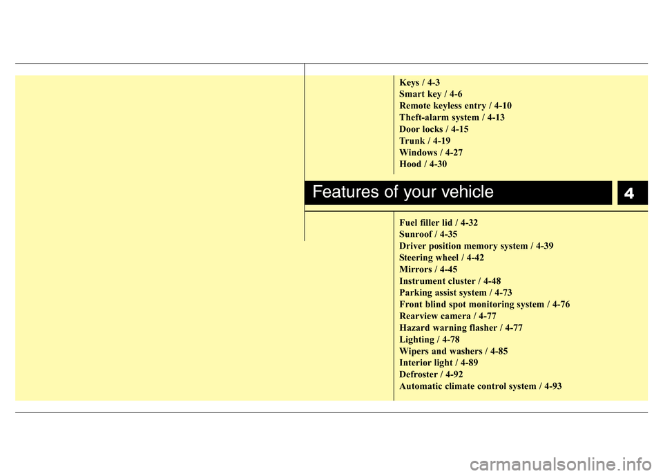 Hyundai Genesis 2012  Owners Manual 4
Keys / 4-3
Smart key / 4-6
Remote keyless entry / 4-10
Theft-alarm system / 4-13
Door locks / 4-15
Trunk / 4-19
Windows / 4-27
Hood / 4-30
Fuel filler lid / 4-32
Sunroof / 4-35
Driver position memor