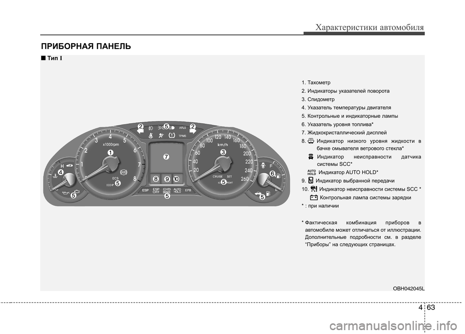 Hyundai Genesis 2012 Инструкция по эксплуатации (in Russian) 463
Характеристики автомобиля
ПРИБОРНАЯ ПАНЕЛЬ
OBH042045L
■■Тип I
1. Тахометр
2. Индикаторы указателей поворота
3. Hyundai Genesis 2012 Инструкция по эксплуатации (in Russian) 463
Характеристики автомобиля
ПРИБОРНАЯ ПАНЕЛЬ
OBH042045L
■■Тип I
1. Тахометр
2. Индикаторы указателей поворота
3.