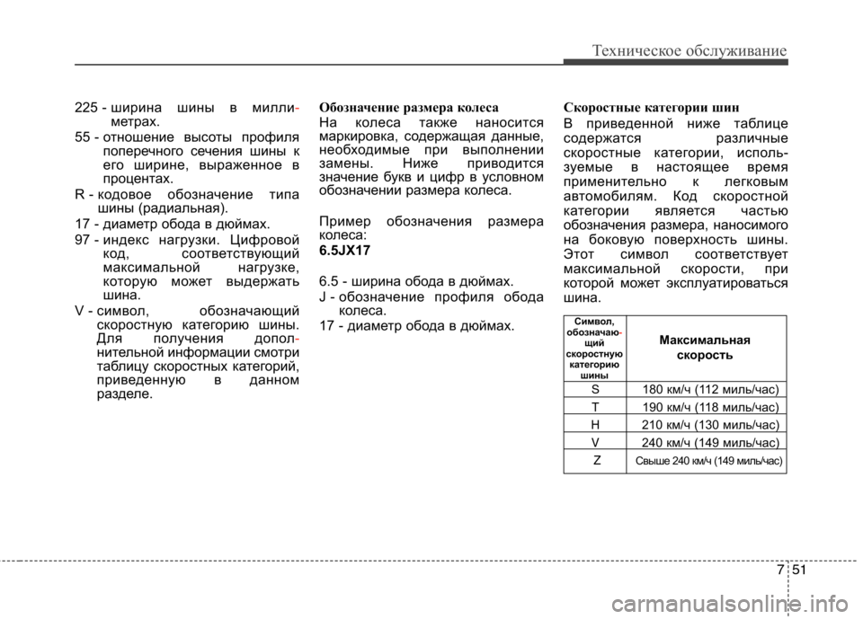 Hyundai Genesis 2012 Инструкция по эксплуатации (in Russian) 751
Техническое обслуживание
225 - ширина шины в милли-метрах.
55 - отношение высоты профиля поперечного сечения ш Hyundai Genesis 2012 Инструкция по эксплуатации (in Russian) 751
Техническое обслуживание
225 - ширина шины в милли-метрах.
55 - отношение высоты профиля поперечного сечения ш