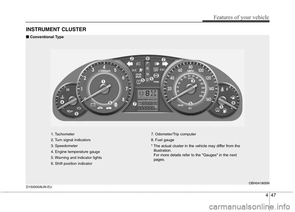 Hyundai Genesis 2011  Owners Manual 447
Features of your vehicle
INSTRUMENT CLUSTER
1. Tachometer 
2. Turn signal indicators
3. Speedometer
4. Engine temperature gauge
5. Warning and indicator lights
6. Shift position indicator7. Odomet