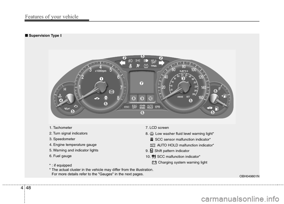 Hyundai Genesis 2011  Owners Manual Features of your vehicle
48 4
1. Tachometer 
2. Turn signal indicators
3. Speedometer
4. Engine temperature gauge
5. Warning and indicator lights
6. Fuel gauge7. LCD screen
8. Low washer fluid level w