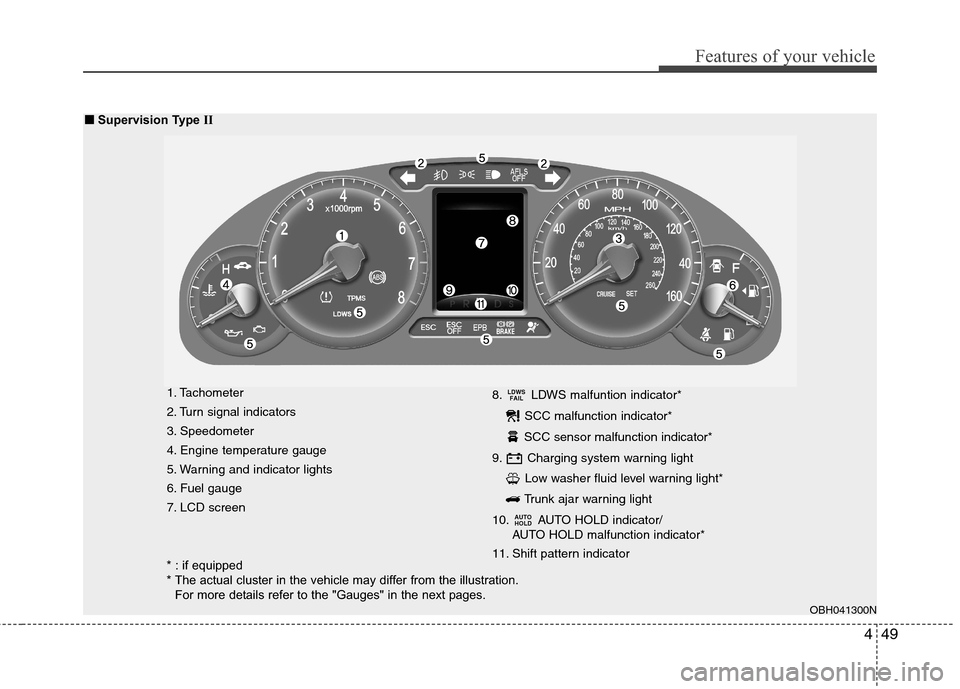 Hyundai Genesis 2011  Owners Manual 449
Features of your vehicle
1. Tachometer 
2. Turn signal indicators
3. Speedometer
4. Engine temperature gauge
5. Warning and indicator lights
6. Fuel gauge
7. LCD screen8. LDWS malfuntion indicator