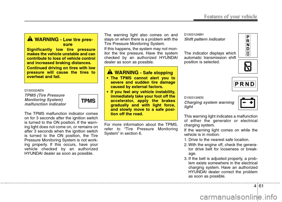 Hyundai Genesis 2011  Owners Manual 461
Features of your vehicle
D150332AEN
TPMS (Tire Pressure
Monitoring System) 
malfunction indicator 
The TPMS malfunction indicator comes
on for 3 seconds after the ignition switch
is turned to the 