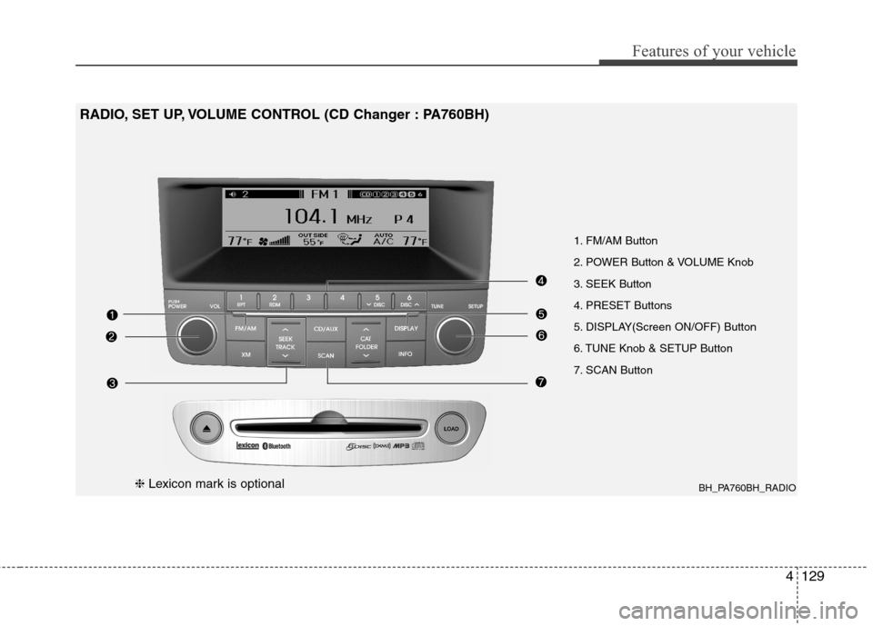 Hyundai Genesis 2011 Owners Manual 4129
Features of your vehicle
BH_PA760BH_RADIO
1. FM/AM Button
2. POWER Button & VOLUME Knob
3. SEEK Button
4. PRESET Buttons
5. DISPLAY(Screen ON/OFF) Button
6. TUNE Knob & SETUP Button
7. SCAN Butto Hyundai Genesis 2011 Owners Manual 4129
Features of your vehicle
BH_PA760BH_RADIO
1. FM/AM Button
2. POWER Button & VOLUME Knob
3. SEEK Button
4. PRESET Buttons
5. DISPLAY(Screen ON/OFF) Button
6. TUNE Knob & SETUP Button
7. SCAN Butto