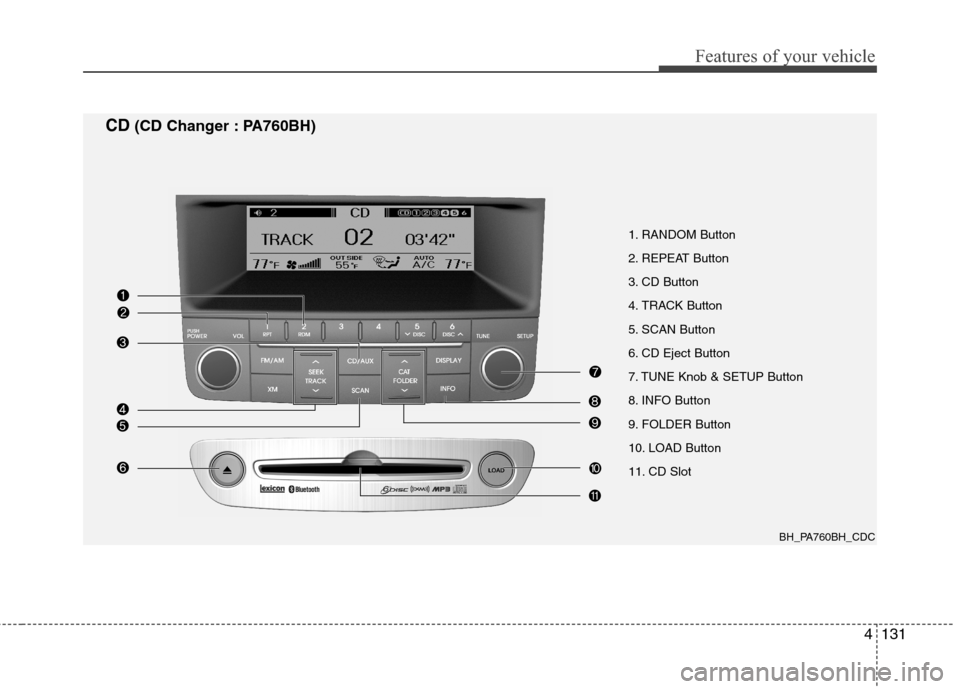 Hyundai Genesis 2011 Owners Manual 4131
Features of your vehicle
1. RANDOM Button
2. REPEAT Button
3. CD Button
4. TRACK Button
5. SCAN Button
6. CD Eject Button
7. TUNE Knob & SETUP Button
8. INFO Button
9. FOLDER Button
10. LOAD Butt Hyundai Genesis 2011 Owners Manual 4131
Features of your vehicle
1. RANDOM Button
2. REPEAT Button
3. CD Button
4. TRACK Button
5. SCAN Button
6. CD Eject Button
7. TUNE Knob & SETUP Button
8. INFO Button
9. FOLDER Button
10. LOAD Butt