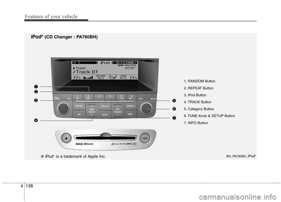 Hyundai Genesis 2011 Owners Manual Features of your vehicle
138 4
1. RANDOM Button
2. REPEAT Button
3. iPod Button
4. TRACK Button
5. Category Button
6. TUNE Knob & SETUP Button
7. INFO Button
BH_PA760BH_iPod®
iPod®(CD Changer : PA76 Hyundai Genesis 2011 Owners Manual Features of your vehicle
138 4
1. RANDOM Button
2. REPEAT Button
3. iPod Button
4. TRACK Button
5. Category Button
6. TUNE Knob & SETUP Button
7. INFO Button
BH_PA760BH_iPod®
iPod®(CD Changer : PA76