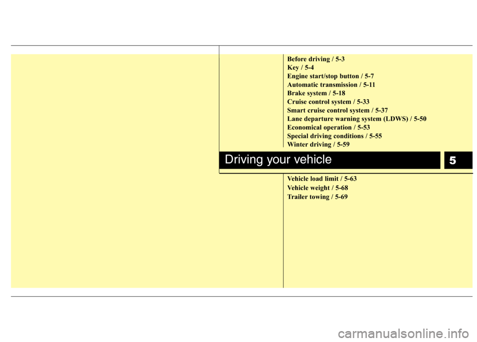 Hyundai Genesis 2011  Owners Manual 5
Before driving / 5-3
Key / 5-4
Engine start/stop button / 5-7
Automatic transmission / 5-11
Brake system / 5-18
Cruise control system / 5-33
Smart cruise control system / 5-37
Lane departure warning
