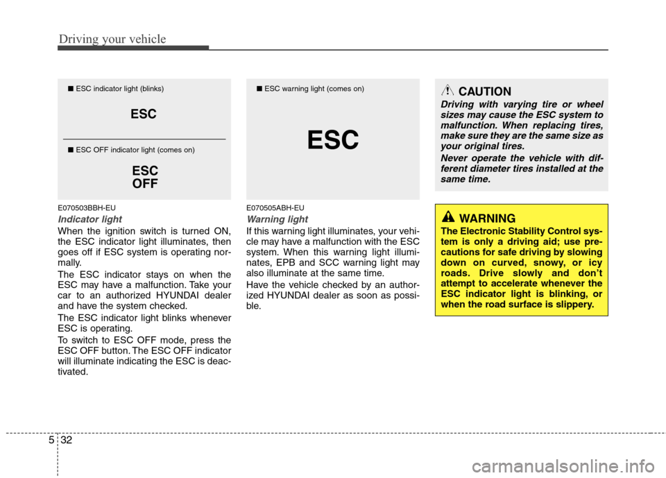 Hyundai Genesis 2011 Owners Manual Driving your vehicle
32 5
E070503BBH-EU
Indicator light
When the ignition switch is turned ON,
the ESC indicator light illuminates, then
goes off if ESC system is operating nor-
mally.
The ESC indicat Hyundai Genesis 2011 Owners Manual Driving your vehicle
32 5
E070503BBH-EU
Indicator light
When the ignition switch is turned ON,
the ESC indicator light illuminates, then
goes off if ESC system is operating nor-
mally.
The ESC indicat