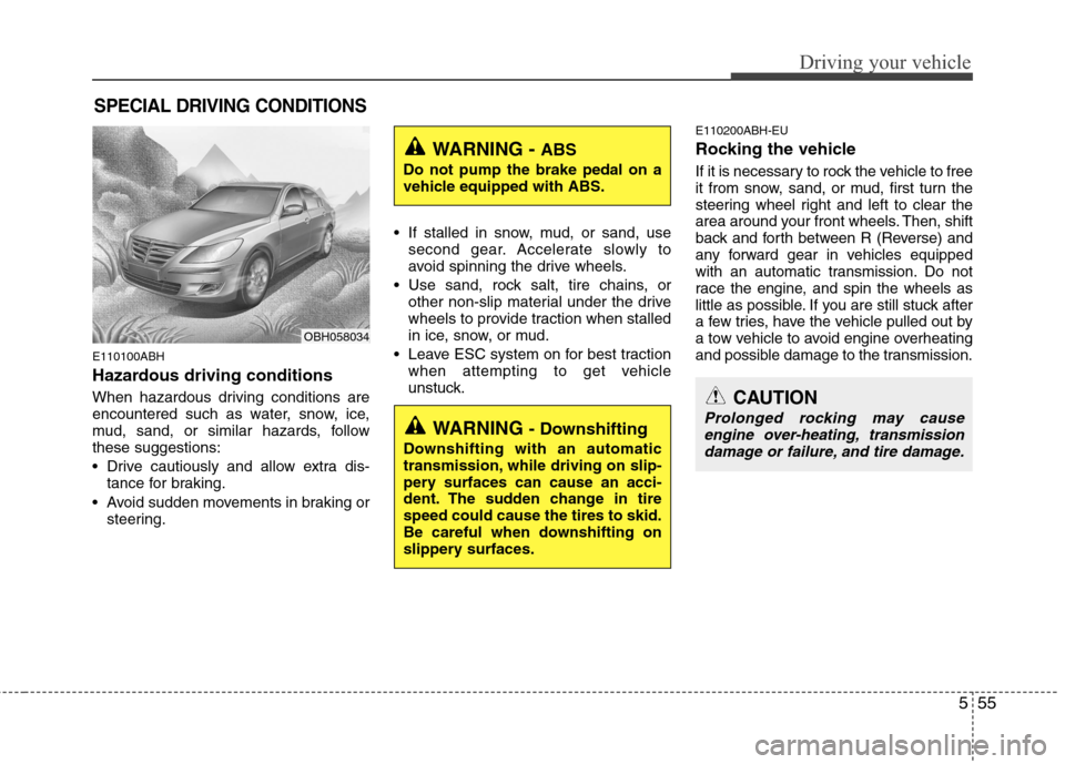 Hyundai Genesis 2011  Owners Manual 555
Driving your vehicle
E110100ABH
Hazardous driving conditions  
When hazardous driving conditions are
encountered such as water, snow, ice,
mud, sand, or similar hazards, follow
these suggestions:
