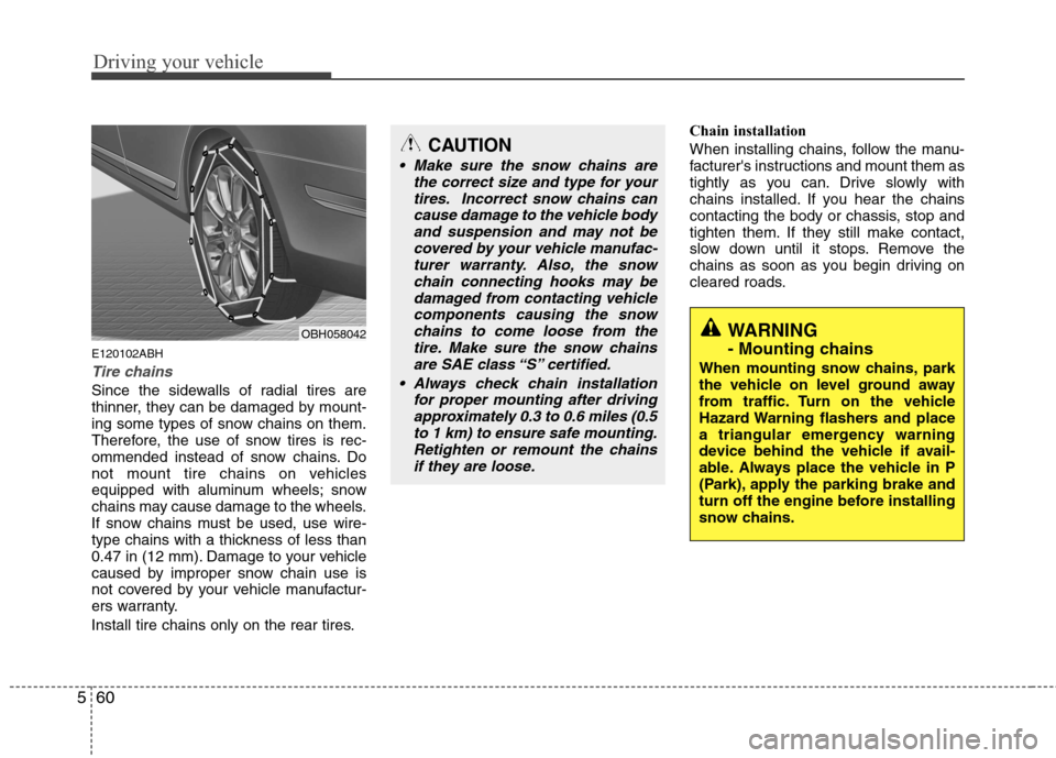 Hyundai Genesis 2011  Owners Manual Driving your vehicle
60 5
E120102ABH
Tire chains 
Since the sidewalls of radial tires are
thinner, they can be damaged by mount-
ing some types of snow chains on them.
Therefore, the use of snow tires