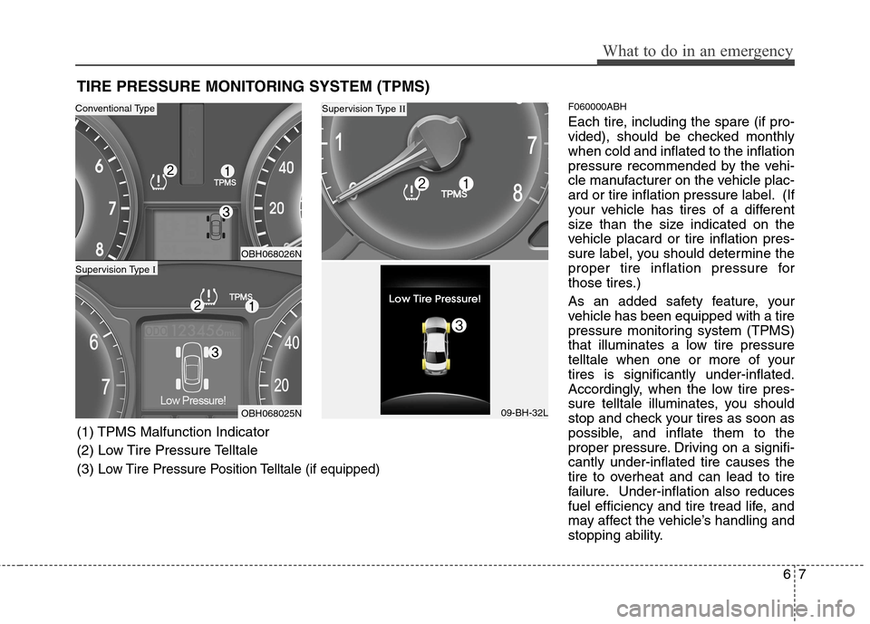 Hyundai Genesis 2011 Owners Manual 67
What to do in an emergency
TIRE PRESSURE MONITORING SYSTEM (TPMS)
F060000ABH
Each tire, including the spare (if pro-
vided), should be checked monthly
when cold and inflated to the inflation
pressu Hyundai Genesis 2011 Owners Manual 67
What to do in an emergency
TIRE PRESSURE MONITORING SYSTEM (TPMS)
F060000ABH
Each tire, including the spare (if pro-
vided), should be checked monthly
when cold and inflated to the inflation
pressu