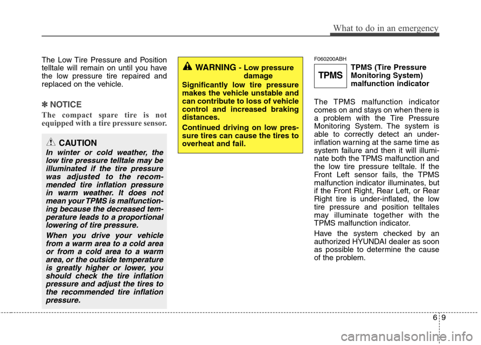 Hyundai Genesis 2011  Owners Manual 69
What to do in an emergency
The Low Tire Pressure and Position
telltale will remain on until you have
the low pressure tire repaired and
replaced on the vehicle.
✽ ✽
NOTICE
The compact spare tir