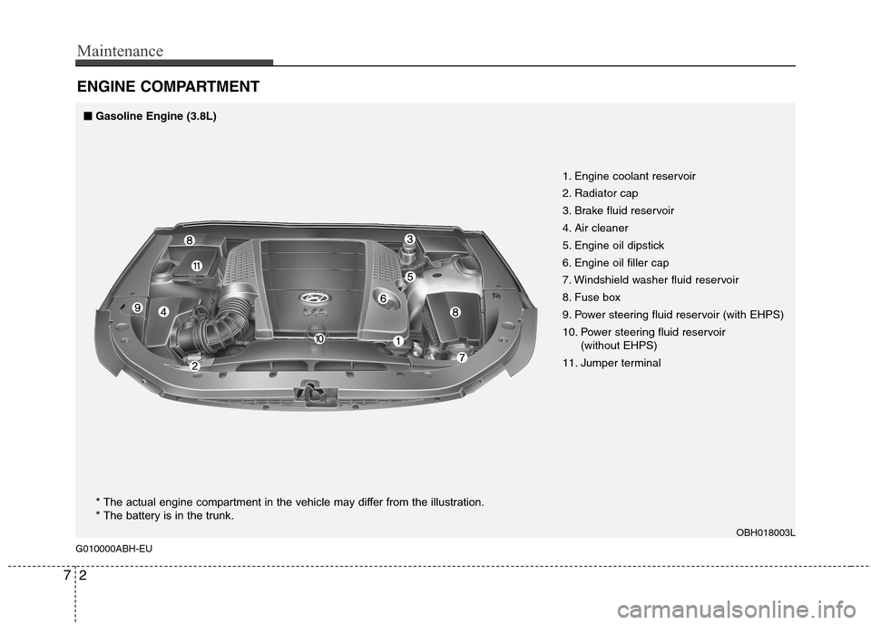 Hyundai Genesis 2011  Owners Manual Maintenance
2 7
ENGINE COMPARTMENT 
G010000ABH-EU
■
■
Gasoline Engine (3.8L)
OBH018003L
* The actual engine compartment in the vehicle may differ from the illustration.
* The battery is in the tru