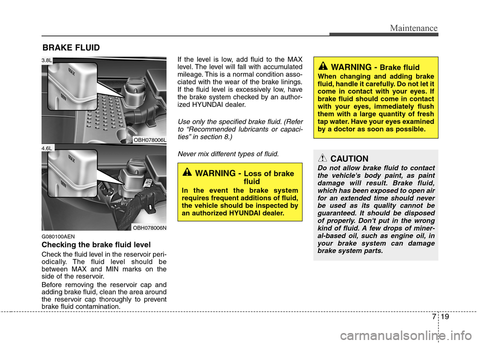 Hyundai Genesis 2011  Owners Manual 719
Maintenance
BRAKE FLUID
G080100AEN
Checking the brake fluid level  
Check the fluid level in the reservoir peri-
odically. The fluid level should be
between MAX and MIN marks on the
side of the re