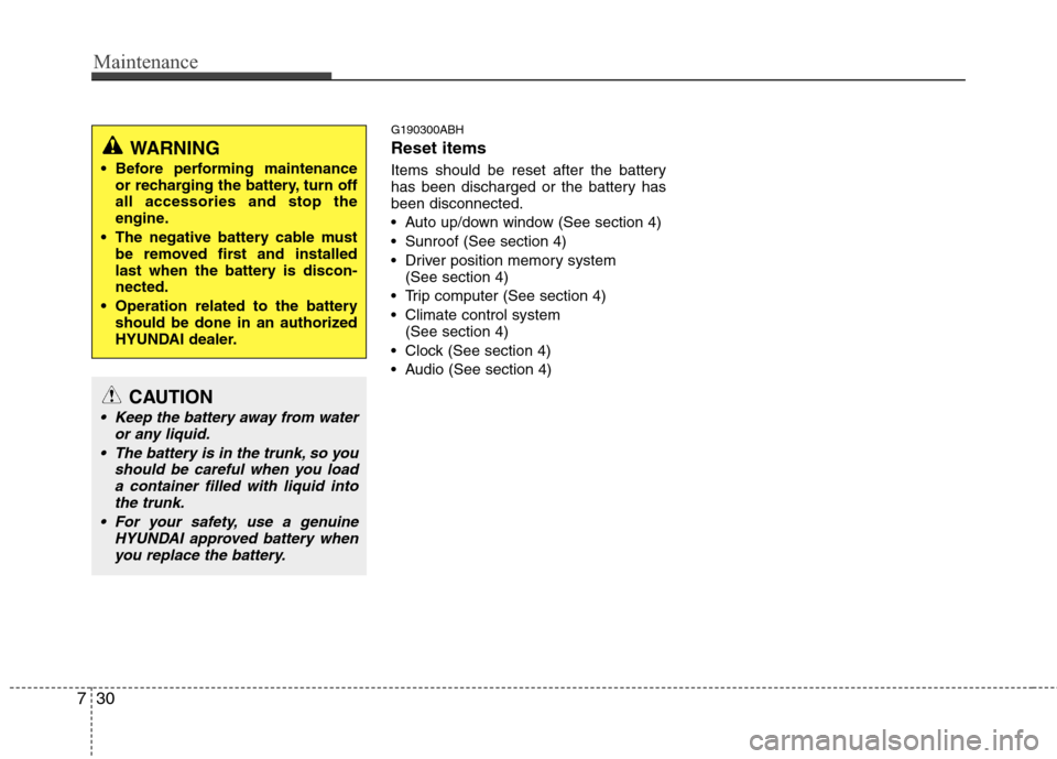 Hyundai Genesis 2011  Owners Manual Maintenance
30 7
G190300ABH
Reset items
Items should be reset after the battery
has been discharged or the battery has
been disconnected.
 Auto up/down window (See section 4)
 Sunroof (See section 4)
