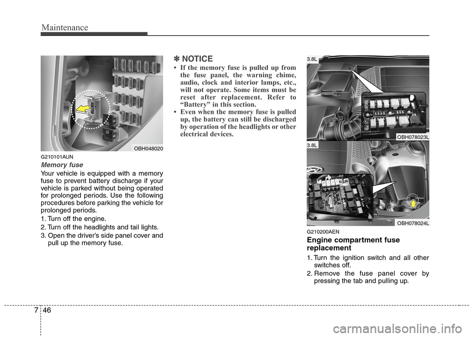 Hyundai Genesis 2011  Owners Manual Maintenance
46 7
G210101AUN
Memory fuse
Your vehicle is equipped with a memory
fuse to prevent battery discharge if your
vehicle is parked without being operated
for prolonged periods. Use the followi