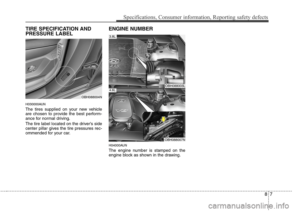Hyundai Genesis 2011  Owners Manual 87
Specifications, Consumer information, Reporting safety defects
TIRE SPECIFICATION AND
PRESSURE LABEL
H030000AUN
The tires supplied on your new vehicle
are chosen to provide the best perform-
ance f