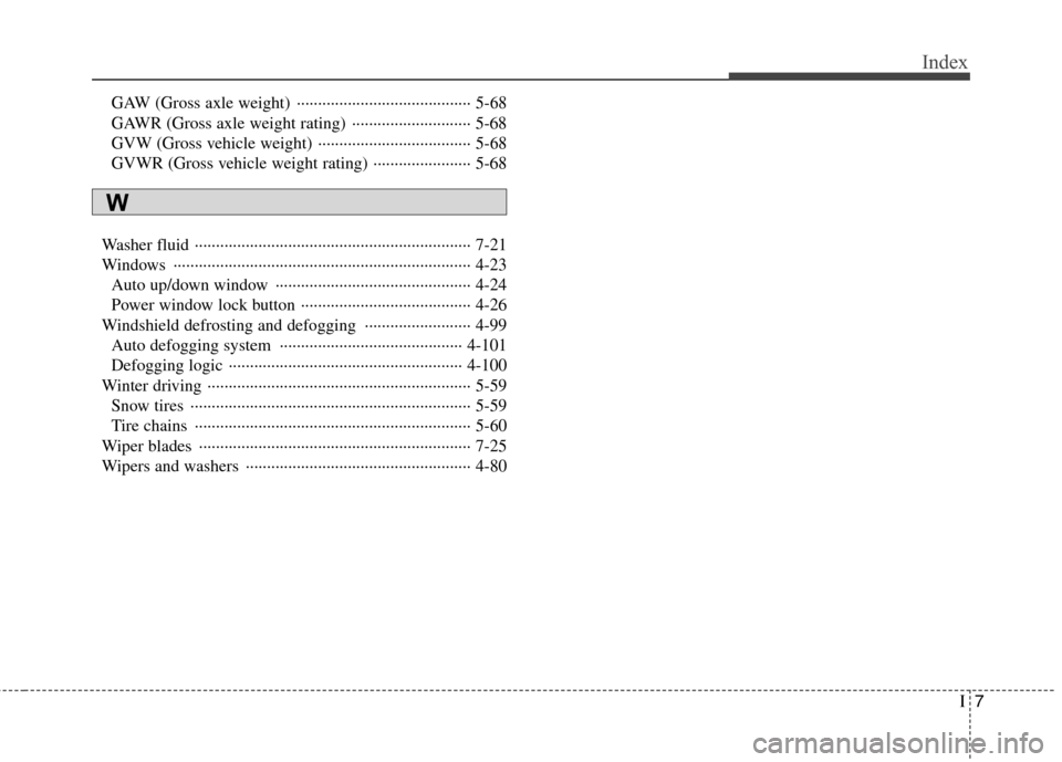 Hyundai Genesis 2011  Owners Manual I7
Index
GAW (Gross axle weight)  ········································· 5-68
GAWR (Gross axle weight rating)  ······················