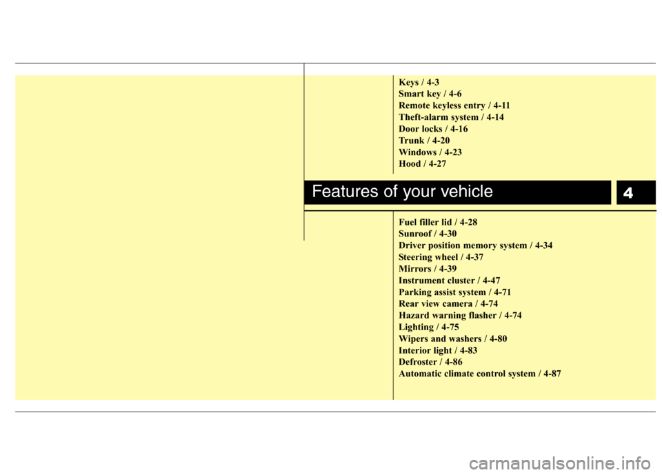 Hyundai Genesis 2011  Owners Manual 4
Keys / 4-3
Smart key / 4-6
Remote keyless entry / 4-11
Theft-alarm system / 4-14
Door locks / 4-16
Trunk / 4-20
Windows / 4-23
Hood / 4-27
Fuel filler lid / 4-28
Sunroof / 4-30
Driver position memor