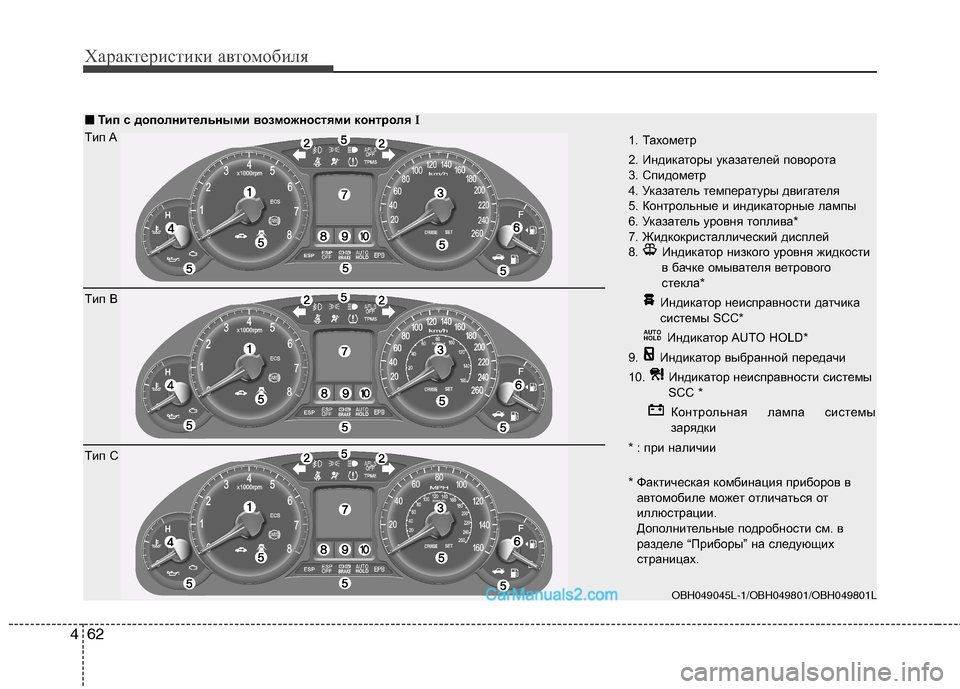 Hyundai Genesis 2011 Инструкция по эксплуатации (in Russian) Характеристики автомобиля
62
4
1. Тахометр
2. Индикаторы указателей поворота
3. Спидометр
4. Указатель температ Hyundai Genesis 2011 Инструкция по эксплуатации (in Russian) Характеристики автомобиля
62
4
1. Тахометр
2. Индикаторы указателей поворота
3. Спидометр
4. Указатель температ