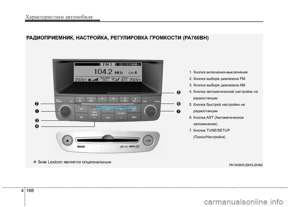 Hyundai Genesis 2011 Инструкция по эксплуатации (in Russian) Характеристики автомобиля
168
4
PA760BHC(BHG,BHM)
1. Кнопка включения-выключения
2. Кнопка выбора диапазона FM
3. Кнопка в Hyundai Genesis 2011 Инструкция по эксплуатации (in Russian) Характеристики автомобиля
168
4
PA760BHC(BHG,BHM)
1. Кнопка включения-выключения
2. Кнопка выбора диапазона FM
3. Кнопка в