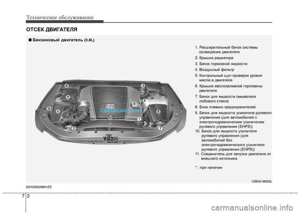 Hyundai Genesis 2011  Инструкция по эксплуатации (in Russian) Техническое обслуживание
2
7
ОТСЕК ДВИГАТЕЛЯ
G010000ABH-EE
■■ Бензиновый двигатель (3.8L)
1. Расширительный бачок сис