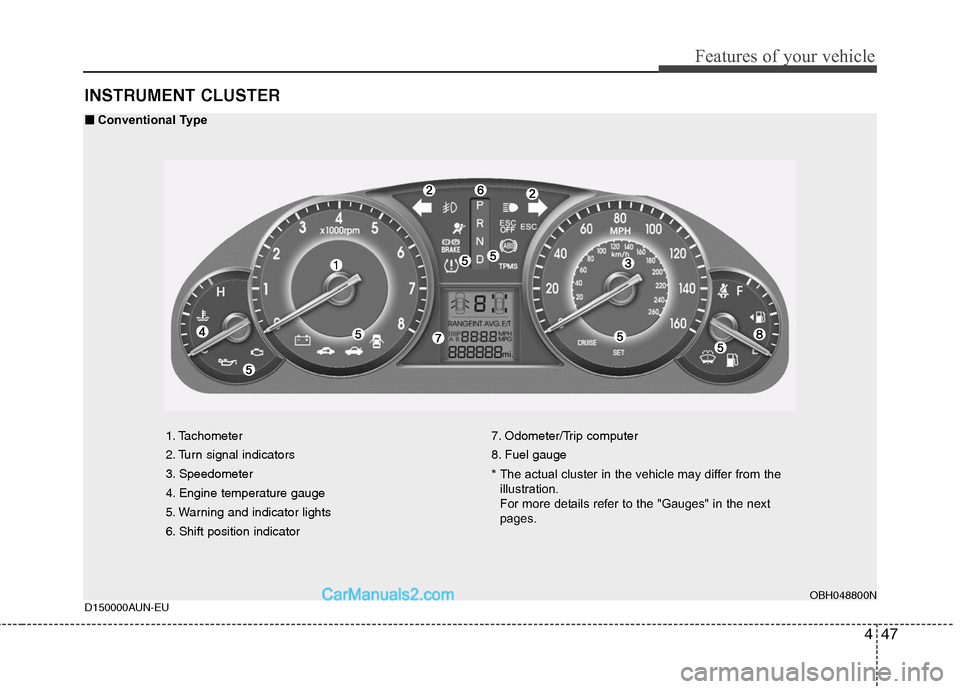 Hyundai Genesis 2010 Owners Manual 447
Features of your vehicle
INSTRUMENT CLUSTER
1. Tachometer
2. Turn signal indicators
3. Speedometer
4. Engine temperature gauge
5. Warning and indicator lights
6. Shift position indicator7. Odomet Hyundai Genesis 2010 Owners Manual 447
Features of your vehicle
INSTRUMENT CLUSTER
1. Tachometer
2. Turn signal indicators
3. Speedometer
4. Engine temperature gauge
5. Warning and indicator lights
6. Shift position indicator7. Odomet