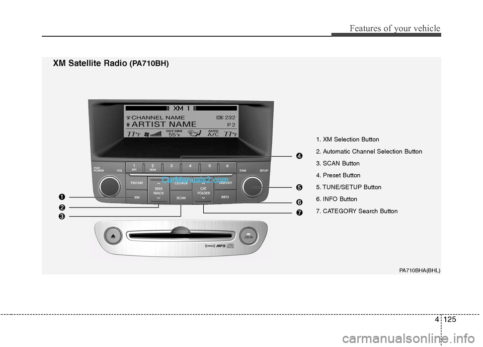 Hyundai Genesis 2010 Owners Manual 4125
Features of your vehicle
1. XM Selection Button
2. Automatic Channel Selection Button
3. SCAN Button
4. Preset Button
5. TUNE/SETUP Button
6. INFO Button
7. CATEGORY Search Button
PA710BHA(BHL)
X Hyundai Genesis 2010 Owners Manual 4125
Features of your vehicle
1. XM Selection Button
2. Automatic Channel Selection Button
3. SCAN Button
4. Preset Button
5. TUNE/SETUP Button
6. INFO Button
7. CATEGORY Search Button
PA710BHA(BHL)
X