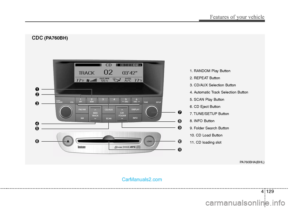 Hyundai Genesis 2010 Owners Manual 4129
Features of your vehicle
1. RANDOM Play Button
2. REPEAT Button
3. CD/AUX Selection Button
4. Automatic Track Selection Button
5. SCAN Play Button
6. CD Eject Button
7. TUNE/SETUP Button
8. INFO Hyundai Genesis 2010 Owners Manual 4129
Features of your vehicle
1. RANDOM Play Button
2. REPEAT Button
3. CD/AUX Selection Button
4. Automatic Track Selection Button
5. SCAN Play Button
6. CD Eject Button
7. TUNE/SETUP Button
8. INFO