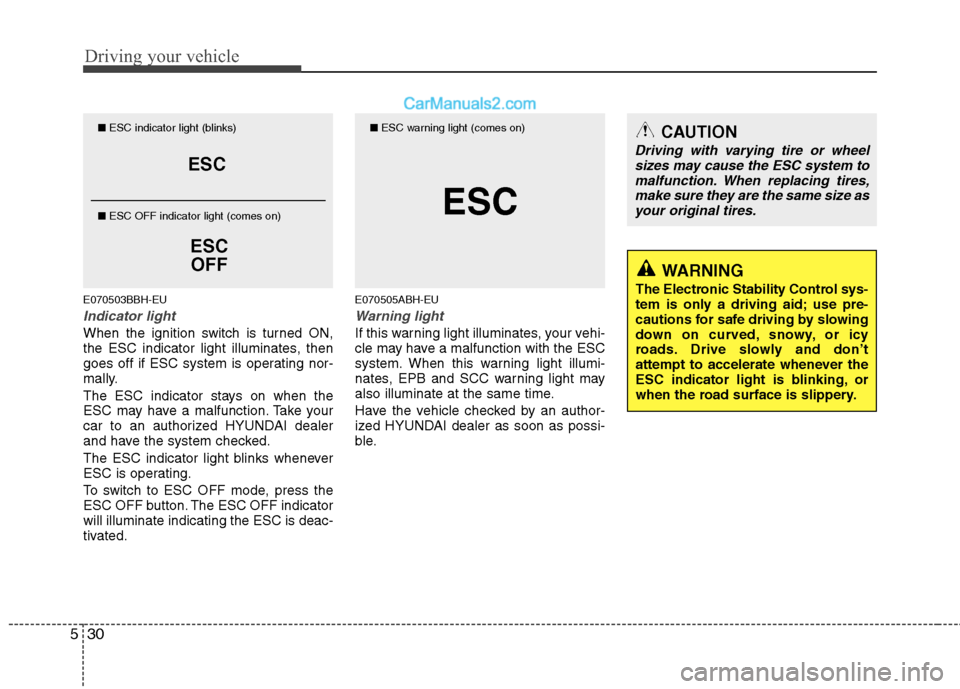 Hyundai Genesis 2010  Owners Manual Driving your vehicle
30 5
E070503BBH-EU
Indicator light
When the ignition switch is turned ON,
the ESC indicator light illuminates, then
goes off if ESC system is operating nor-
mally.
The ESC indicat