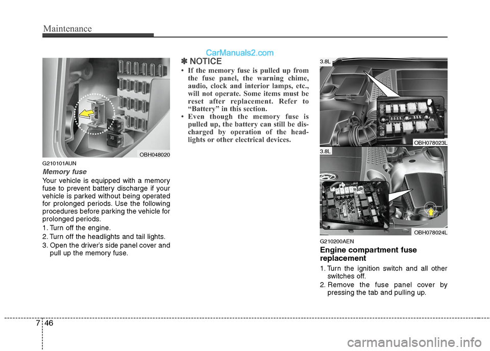 Hyundai Genesis 2010  Owners Manual Maintenance
46 7
G210101AUN
Memory fuse
Your vehicle is equipped with a memory
fuse to prevent battery discharge if your
vehicle is parked without being operated
for prolonged periods. Use the followi