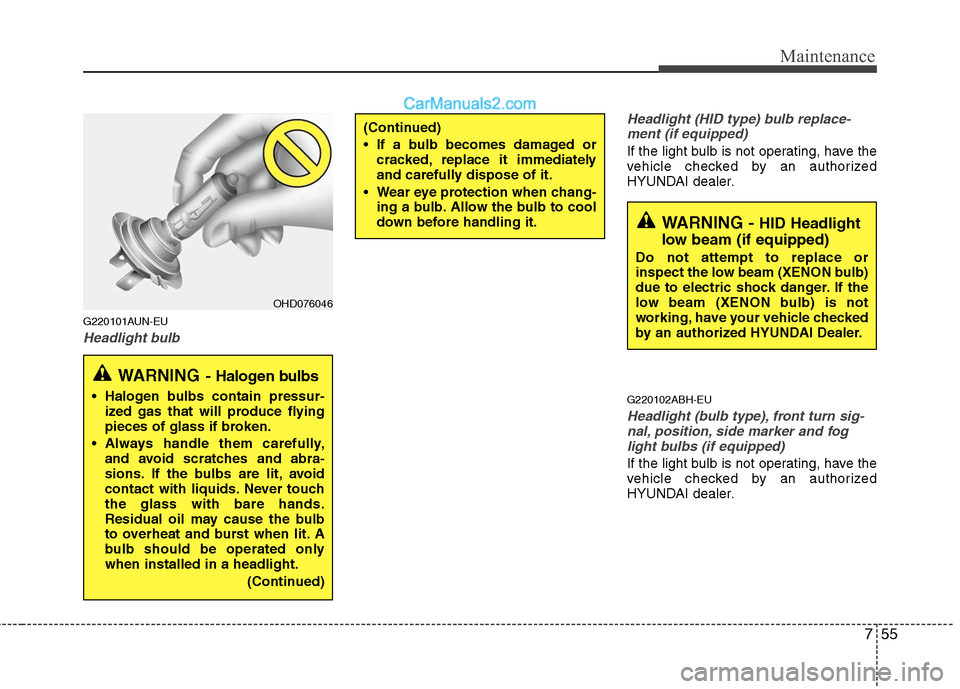 Hyundai Genesis 2010  Owners Manual 755
Maintenance
G220101AUN-EU
Headlight bulbHeadlight (HID type) bulb replace-
ment (if equipped)
If the light bulb is not operating, have the
vehicle checked by an authorized
HYUNDAI dealer.
G220102A