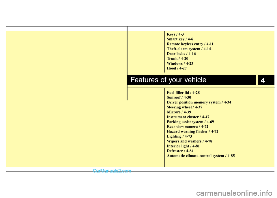 Hyundai Genesis 2010  Owners Manual 4
Keys / 4-3
Smart key / 4-6
Remote keyless entry / 4-11
Theft-alarm system / 4-14
Door locks / 4-16
Trunk / 4-20
Windows / 4-23
Hood / 4-27
Fuel filler lid / 4-28
Sunroof / 4-30
Driver position memor