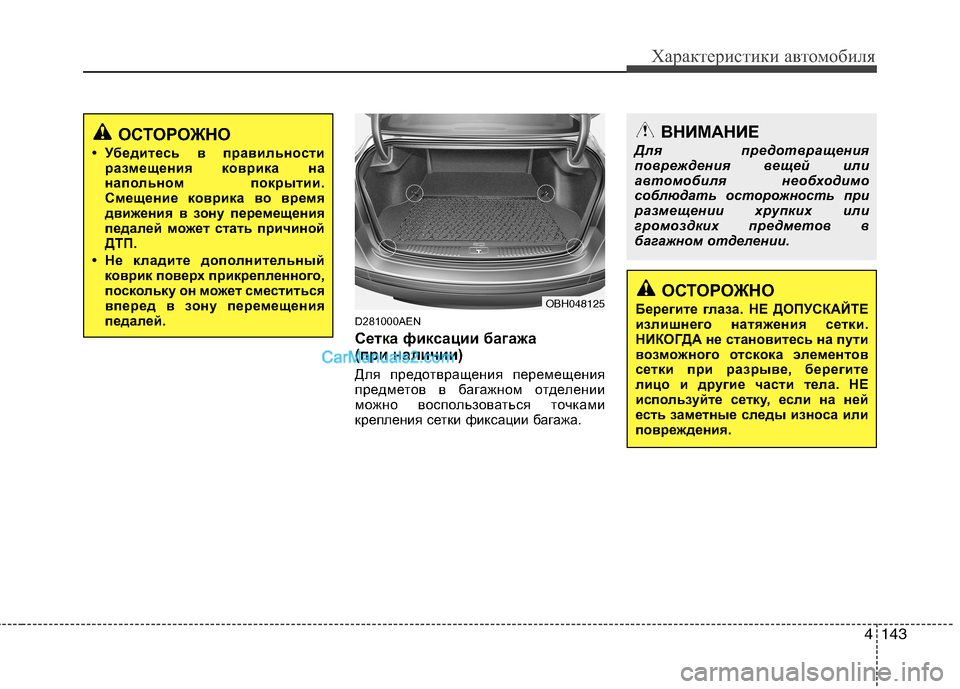 Hyundai Genesis 2010  Инструкция по эксплуатации (in Russian) 4143
Характеристики автомобиля
D281000AEN 
Сетка фиксации багажа  
(при наличии) 
Для предотвращения перемещения 
пр