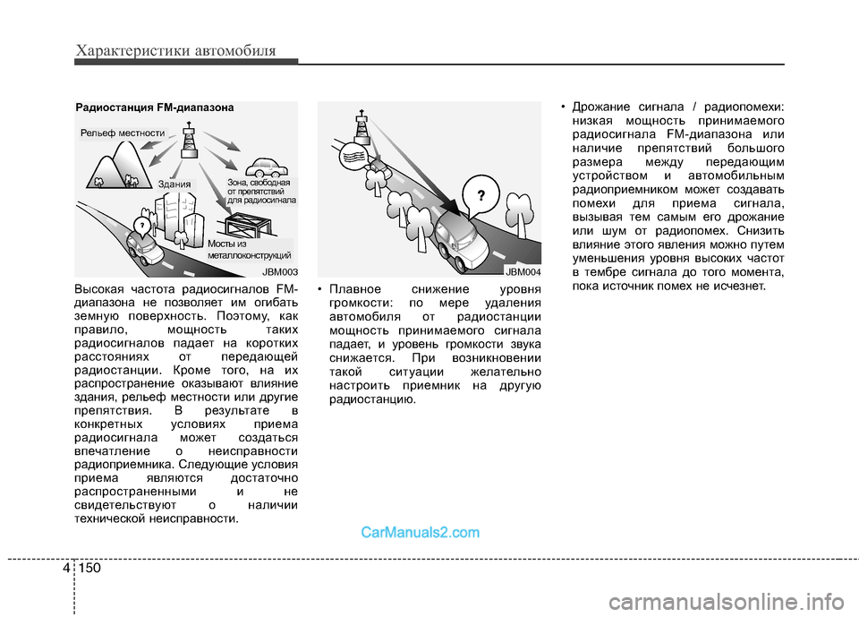 Hyundai Genesis 2010  Инструкция по эксплуатации (in Russian) Характеристики автомобиля
150
4
Высокая частота радиосигналов FM- 
диапазона не позволяет им огибать
земную пов