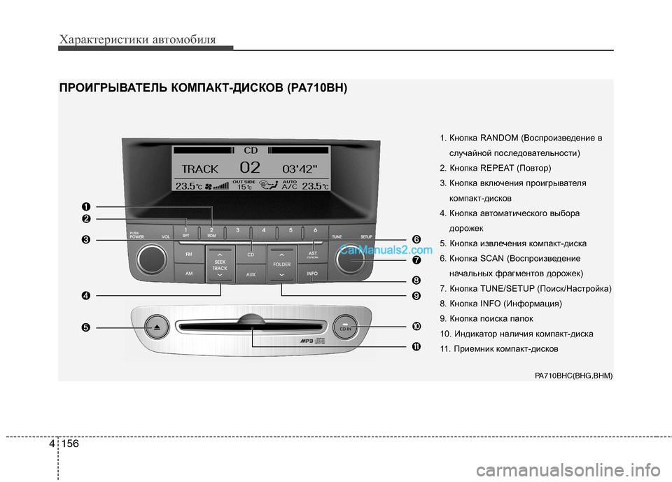 Hyundai Genesis 2010  Инструкция по эксплуатации (in Russian) Характеристики автомобиля
156
4
1. Кнопка RANDOM (Воспроизведение в
случайной последовательности)
2. Кнопка REPEAT (По