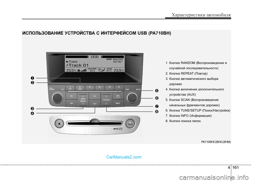Hyundai Genesis 2010  Инструкция по эксплуатации (in Russian) 4161
Характеристики автомобиля
1. Кнопка RANDOM (Воспроизведение вслучайной последовательности)
2. Кнопка REPEAT (Пов