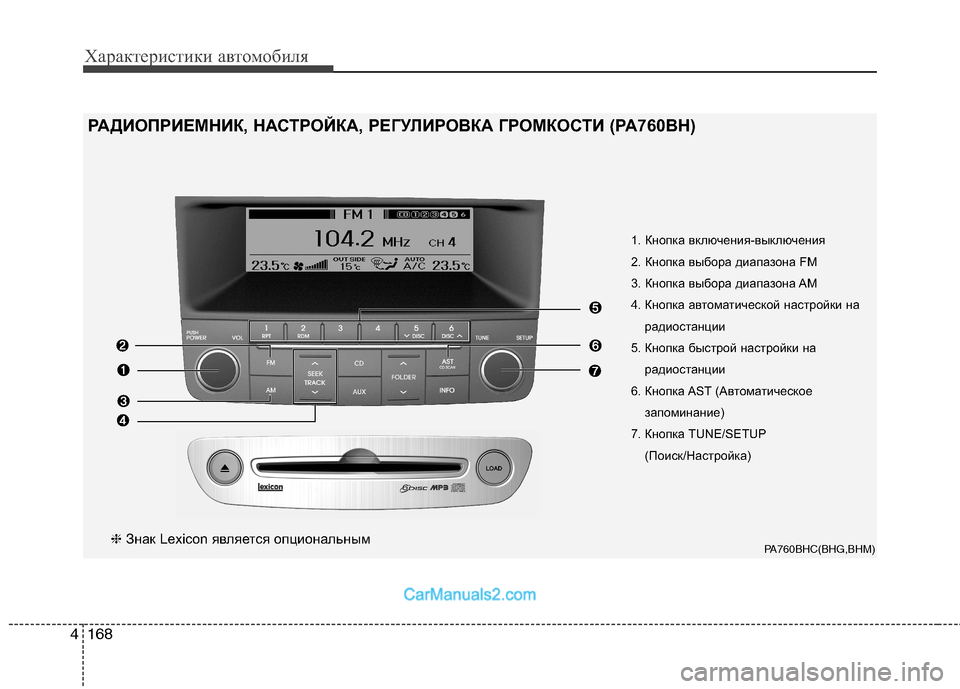 Hyundai Genesis 2010  Инструкция по эксплуатации (in Russian) Характеристики автомобиля
168
4
PA760BHC(BHG,BHM)
1. Кнопка включения-выключения 
2. Кнопка выбора диапазона FM
3. Кнопка в