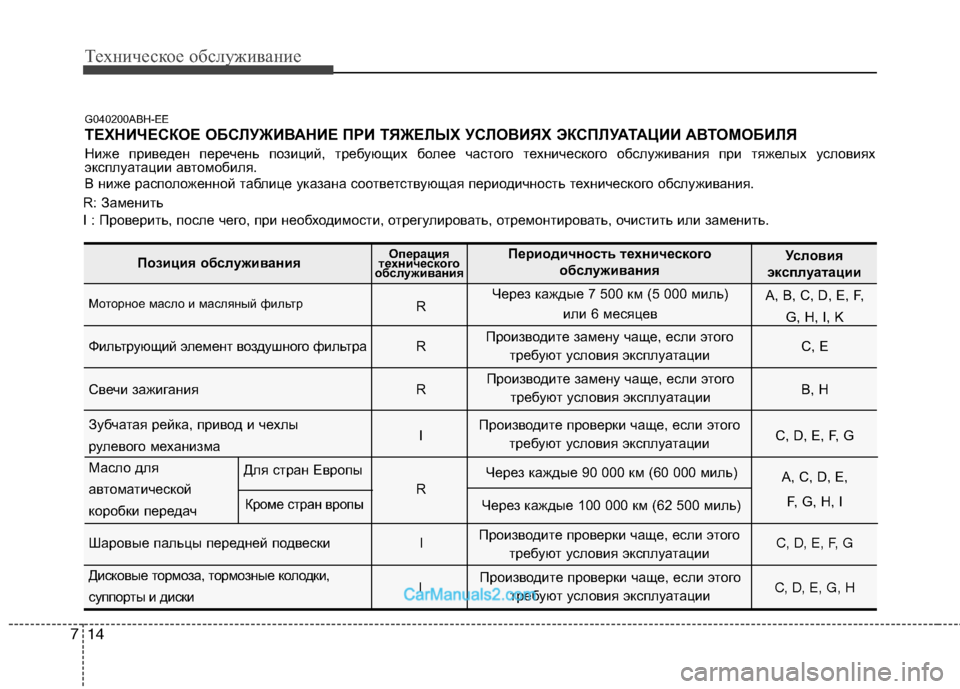 Hyundai Genesis 2010  Инструкция по эксплуатации (in Russian) Техническое обслуживание
14
7
G040200ABH-EE 
ТЕХНИЧЕСКОЕ ОБСЛУЖИВАНИЕ ПРИ ТЯЖЕЛЫХ УСЛОВИЯХ ЭКСПЛУАТАЦИИ АВ ТОМОБИЛ