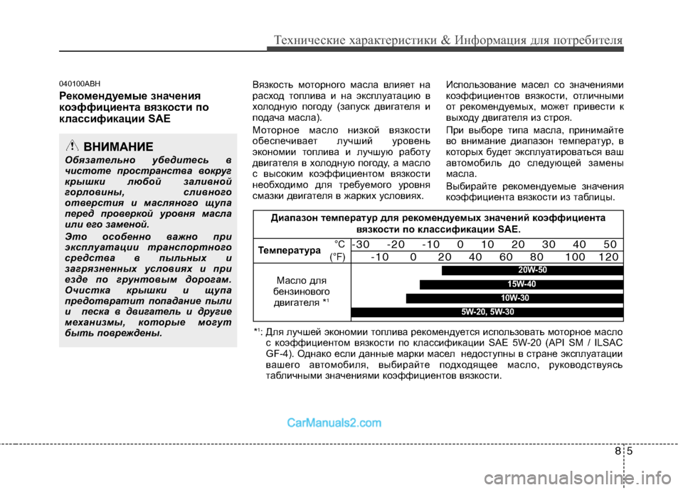 Hyundai Genesis 2010  Инструкция по эксплуатации (in Russian) 85
Технические характеристики & Информация для потребителя
040100ABH 
Рекомендуемые значения 
коэффициента вязко�